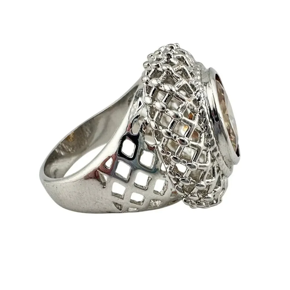 Amber Crystal Gemstone Vintage Style Lattice Silver Tone Size 9 Cocktail Ring